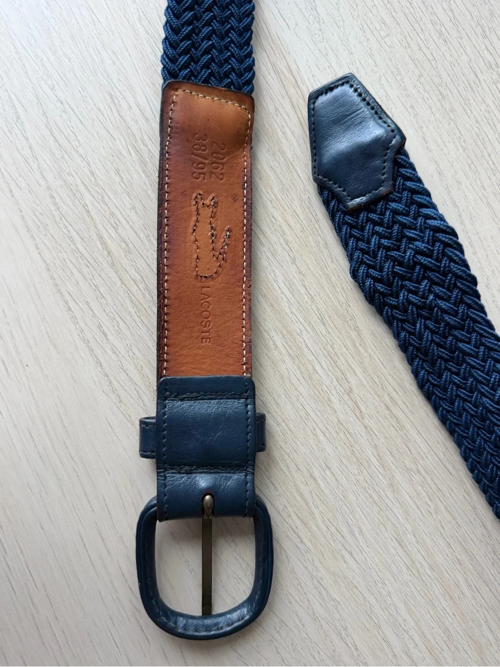 Lacoste Vintage Woven Stretch Belt Navy Leather Trim Brass Buckle Sz 38/95